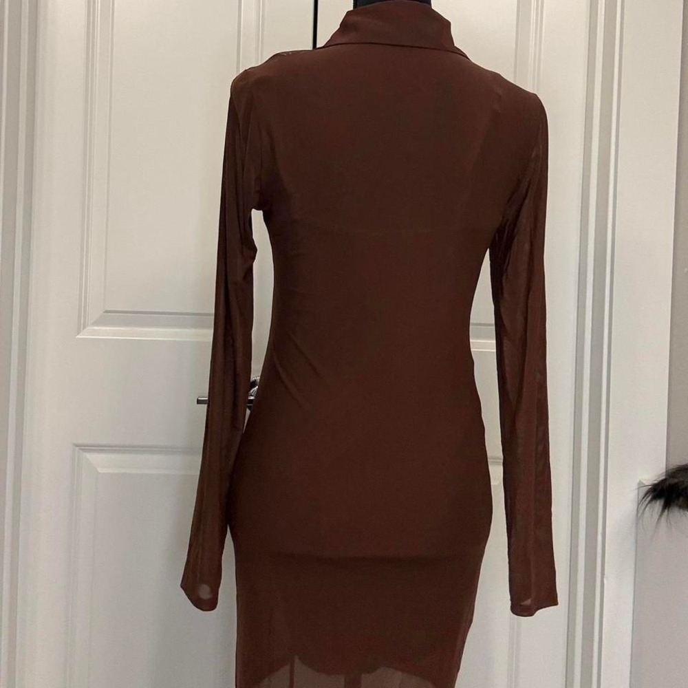 Brown Long Sleeve Mesh Mini Dress — Bodycon Button Up - Size M - Picture 3 of 5